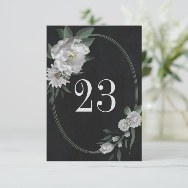 Convite flores brancas - número da tabela negra geométrica (Em pé/Frente)