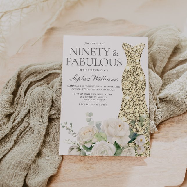 Convite Flores Brancas Ouro, Elegante 90º Aniversário (Criador carregado)