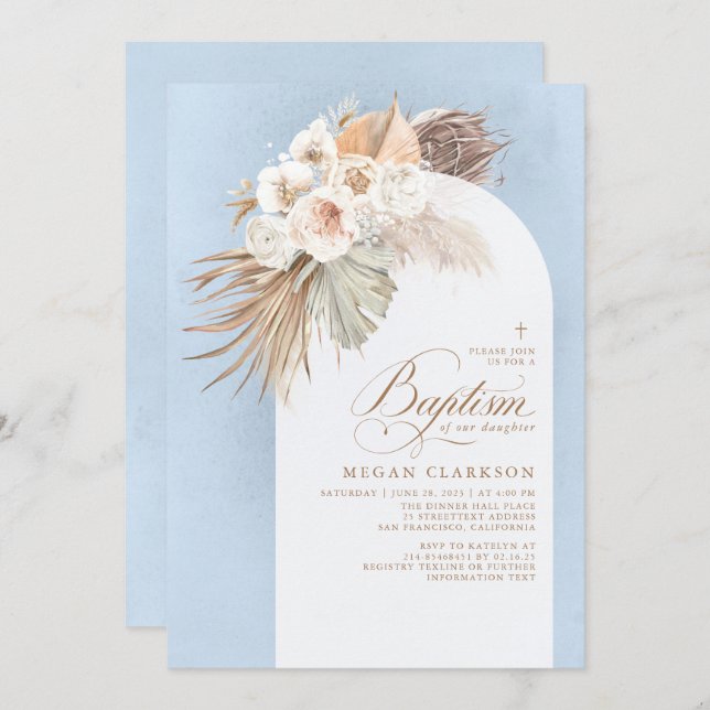 Convite Flores brancas Pampas Grass Boho Blue Baptism (Frente/Verso)