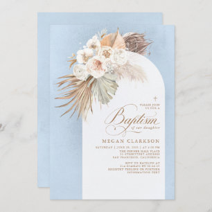 Convite Flores brancas Pampas Grass Boho Blue Baptism