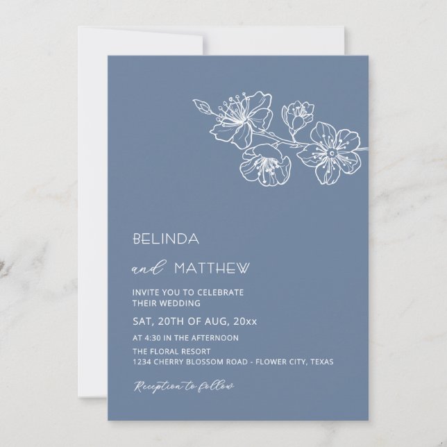 Convite Flores Brancas Poeira Azul Casamento Casual (Frente)