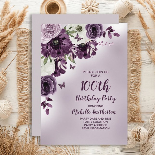 Convite Flores Brancas Roxas Borboletas 100º Aniversário (Purple floral and butterflies 100th birthday party invitation)