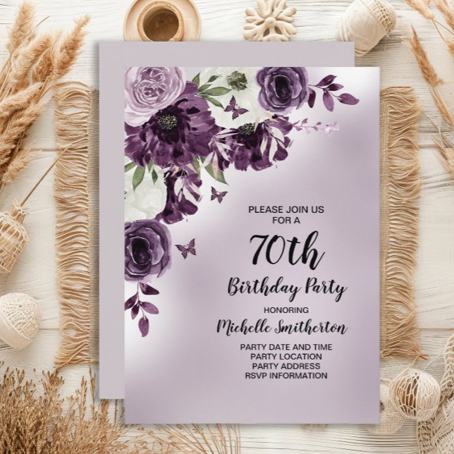 Convite Flores brancas roxas Borboletas 70 Aniversário (Purple watercolor floral and butterflies women's 70th birthday party invitation)