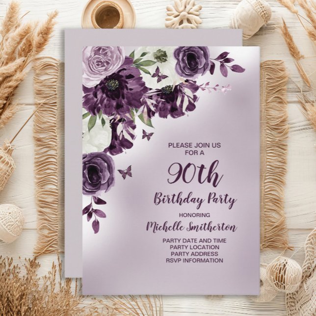 Convite Flores Brancas Roxas Borboletas Aniversário de 90  (Purple floral and butterflies 90th birthday party invitation)