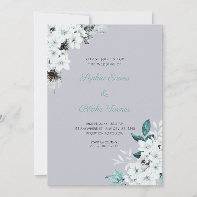 Convite Flores Brancas Rústicas Boho Nuvem Cinza Casamento (Frente)
