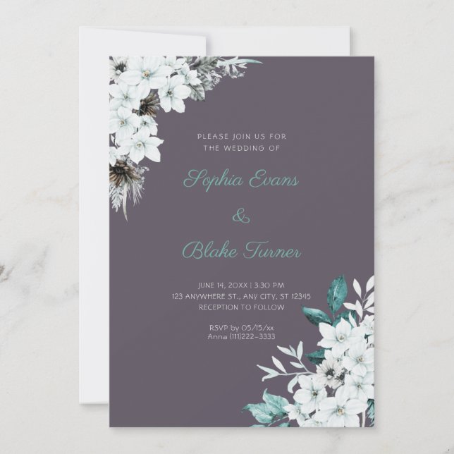 Convite Flores Brancas Rústicas Casamento Boho Fumaça Cinz (Frente)