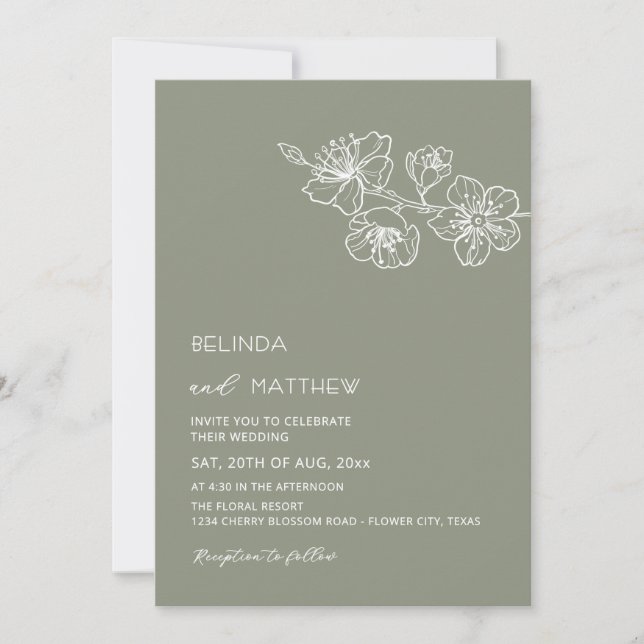 Convite Flores Brancas Sage Verde Casamento Informal (Frente)