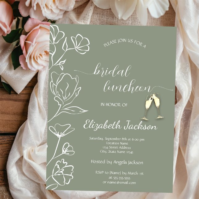 Convite Flores Brancas Simples Champanhe Verde Sage Casame (Criador carregado)