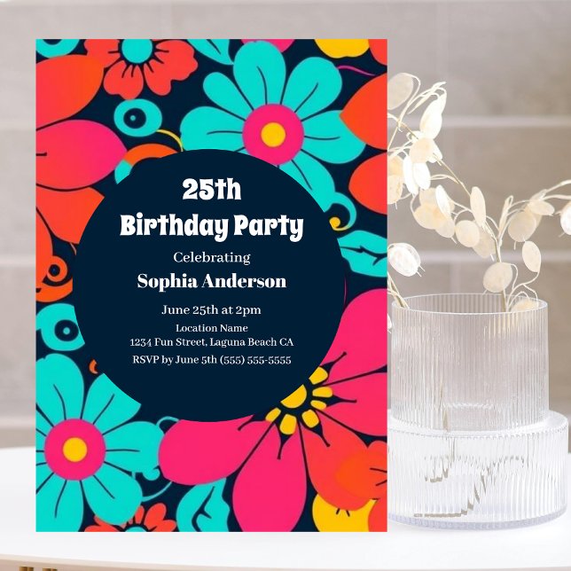 Convite Flores Brilhantes - Estilo Retroretrodopamina (Bright Funky Flowers-Retro- Dopamine Style Invitation)