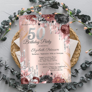 Convite Flores Brilho Gotas Rosa Dourado 50º Aniversário
