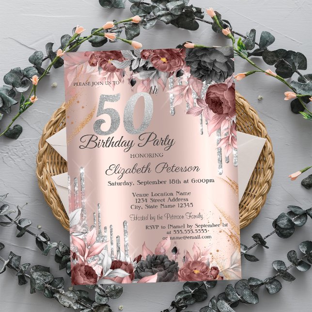 Convite Flores Brilho Gotas Rosa Dourado 50º Aniversário (Criador carregado)