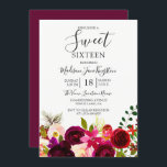 Convite Flores Burgundy Boho Floral Sweet 16<br><div class="desc">Flores Burgundy Floral Boho Sweet 16 Convidar Coleção em Niche e Nest. Boho chic burgundy vermelha aquarela floral Linda mão pintada aquarela ilustração</div>