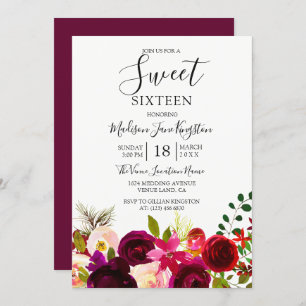Convite Flores Burgundy Boho Floral Sweet 16