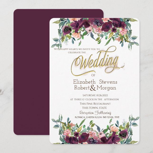 Convite Flores Burgundy Chic Casamento (Frente/Verso)