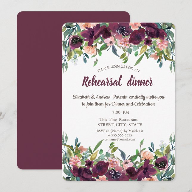 Convite Flores Burgundy Chic Jantar de Ensaios  (Frente/Verso)