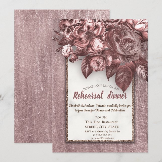 Convite Flores Burgundy Elegantes Jantar de Ensaios Chic (Frente/Verso)