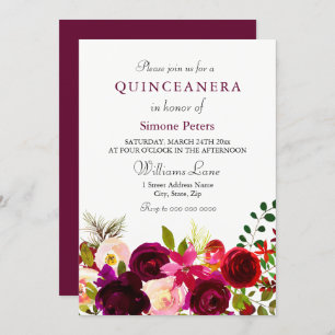 Convite Flores Burgundy Quinceanera Floral Elegante