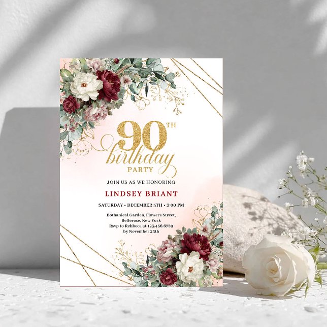 Convite Flores Burgundy Refinadas Eucalipto 90º Aniversári (Refined Burgundy Flowers Eucalyptus 90th Birthday)