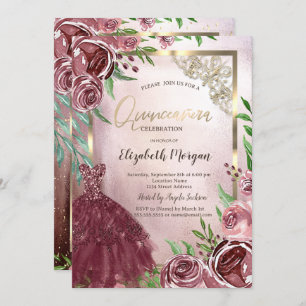 Convite Flores Burgundy Vêm Frame Dourado Quinceanera