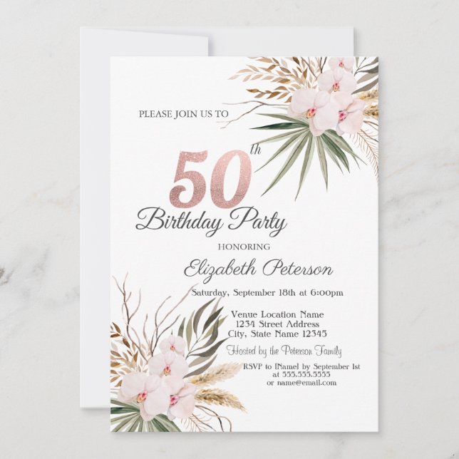 Convite Flores Chic Boho Aniversário de 50 anos (Frente)