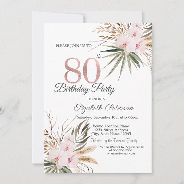 Convite Flores Chic Boho Aniversário de 80 anos (Frente)
