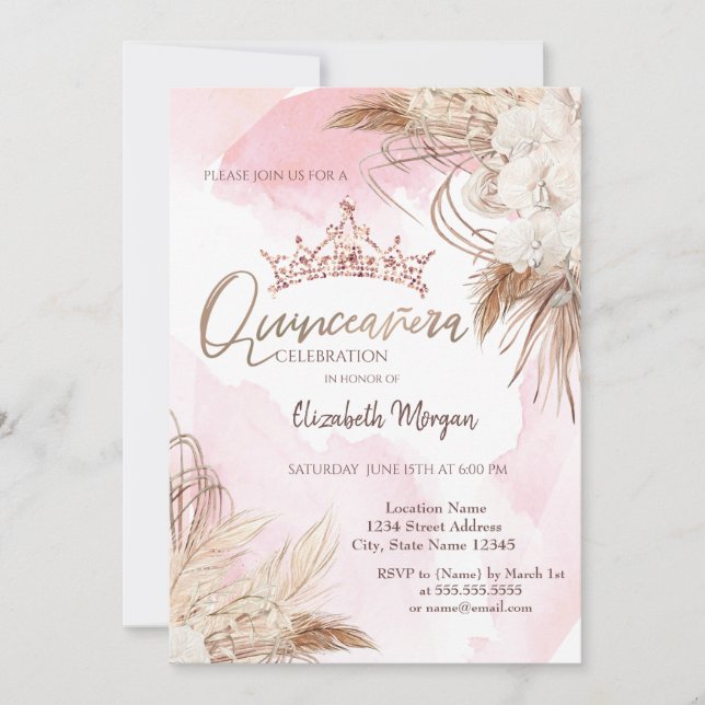 Convite Flores Chic Boho,Coroa,Aquarela Quinceañera (Frente)