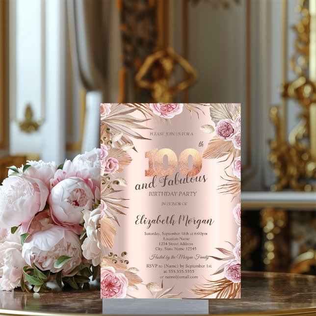 Convite Flores Chic Boho Dourado Rosa 100º Aniversário (Criador carregado)