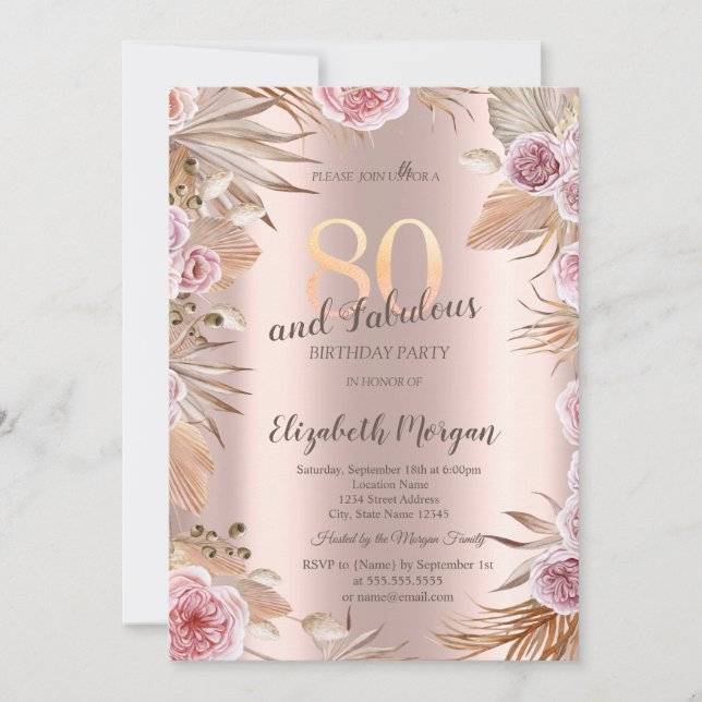 Convite Flores Chic Boho Dourado Rosa 80º Aniversário (Frente)