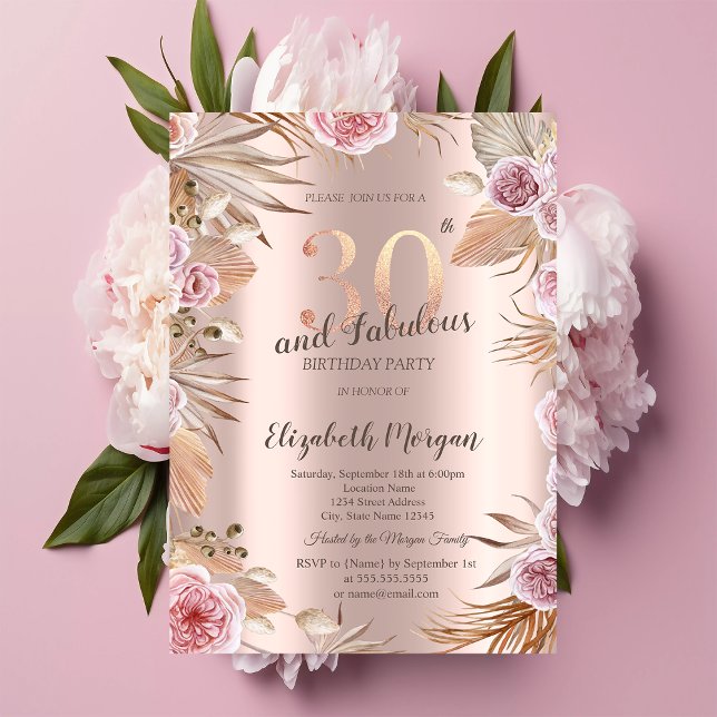 Convite Flores Chic Boho Dourado Rosa Aniversário de 30 an (Criador carregado)
