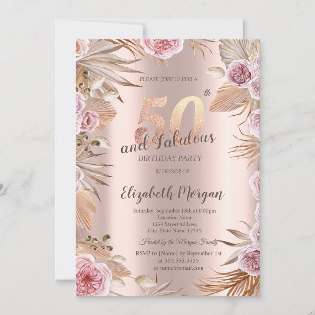 Convite Flores Chic Boho Dourado Rosa Aniversário de 50 an (Frente)