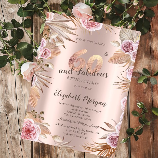 Convite Flores Chic Boho Dourado Rosa Aniversário de 60 an (Criador carregado)