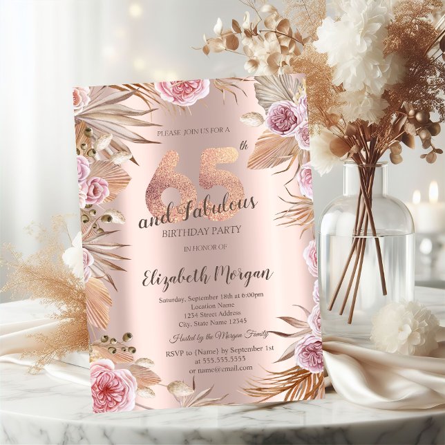 Convite Flores Chic Boho Dourado Rosa Aniversário de 65 an (Criador carregado)