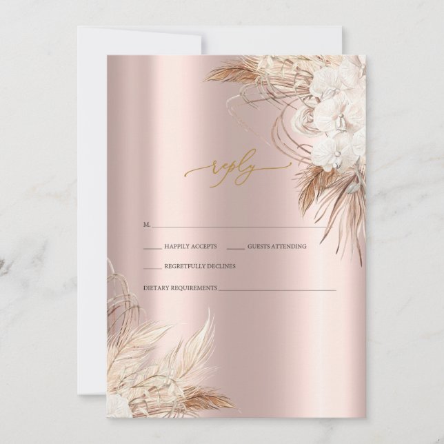 Convite Flores Chic Boho Rose Dourado Casamento RSVP   (Frente)