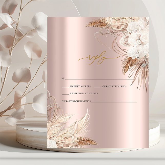 Convite Flores Chic Boho Rose Dourado Casamento RSVP   (Criador carregado)