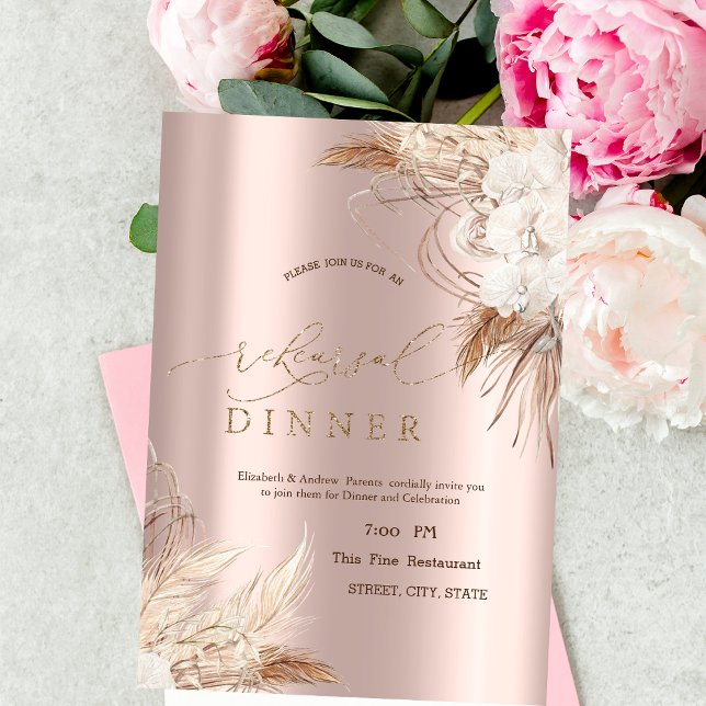 Convite Flores Chic Boho Rose Dourado Jantar de Rehearsal (Criador carregado)