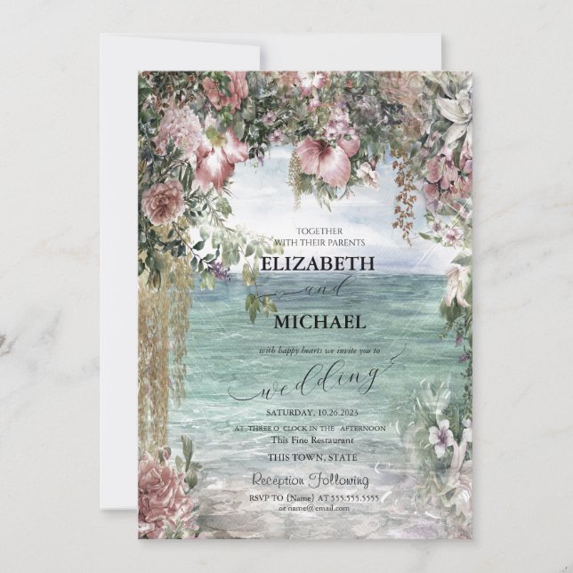 Convite Flores Chic Oceano Roteiro Casamento (Frente)