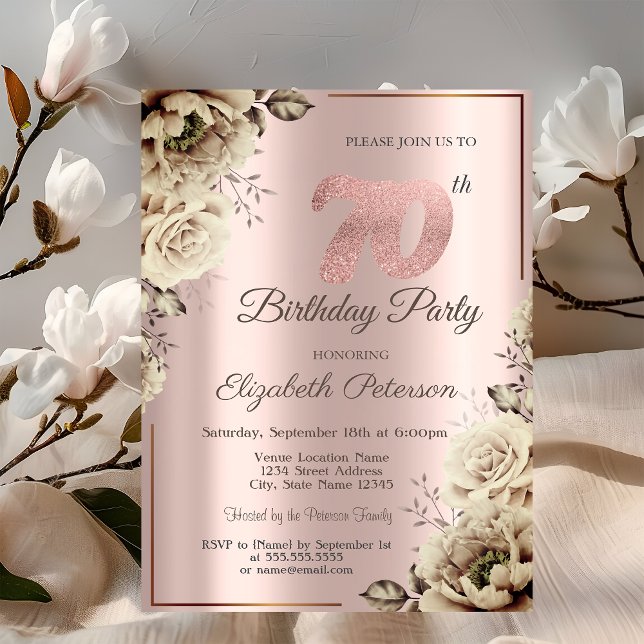 Convite Flores Chic Rose Gold Aniversário de 70 anos   (Criador carregado)