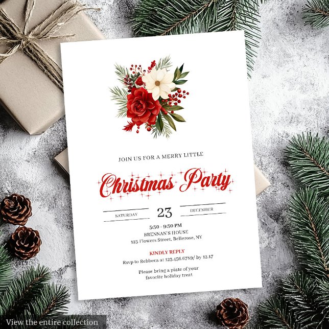 Convite Flores Clássicas de Natal Botânico de Natal  (Classic Christmas Flowers Botanical christmas invitation

)