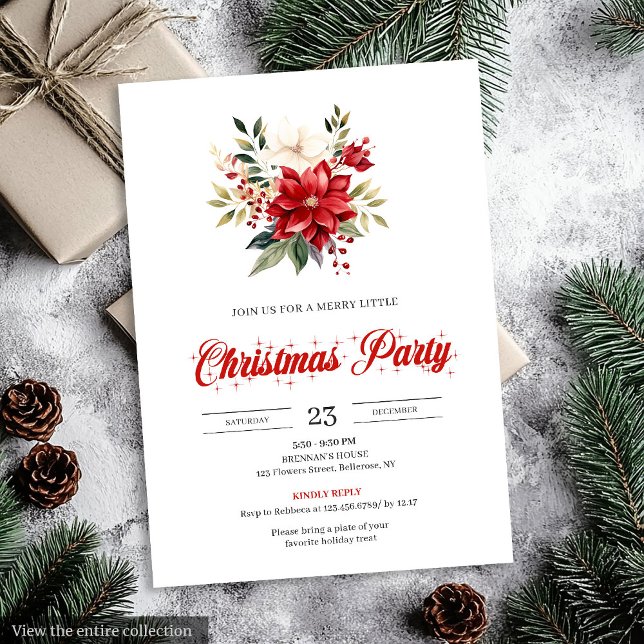 Convite Flores Clássicas de Natal em Aquarela Imprimível  (Classic Watercolor Christmas Flowers Printable Invitation)