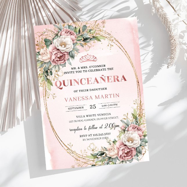 Convite Flores Clássicas em Rosa Poeirento com Verdura Qui (Classic Dusty Pink Flowers Greenery Quinceañera)