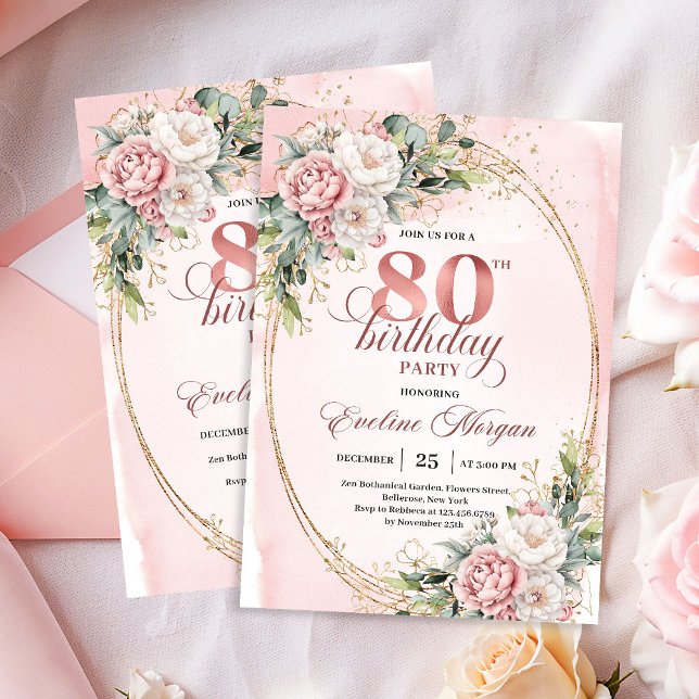 Convite Flores Clássicas Rosa Bege com Folhagem para 80º A (Classic Blush Pink Flowers Greenery 80th Invitation)
