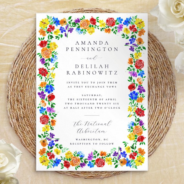 Convite Flores Coloridas da Primavera Arco-íris Casamento  (Colorful Spring Rainbow Flowers Gay Pride Wedding Invitation)