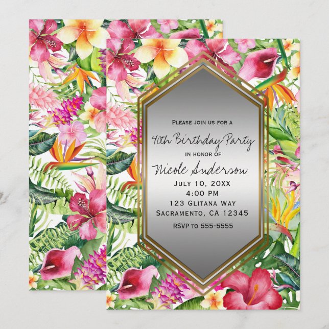 Convite Flores Coloridas Tropicais Festa de aniversário Qu (Frente/Verso)