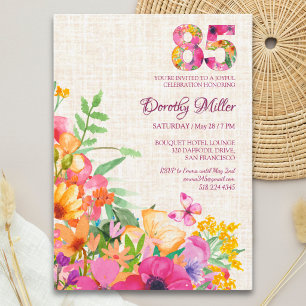 Convite Flores com 85 anos Linen Floral 85. º Aniversário