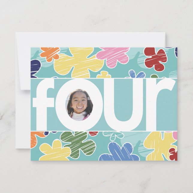 Convite Flores com Perfuração na Quarta Festa de aniversár (Frente)