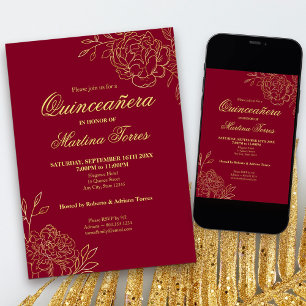 Convite Flores Contorno Dourado Borgonha Quinceanera Flora
