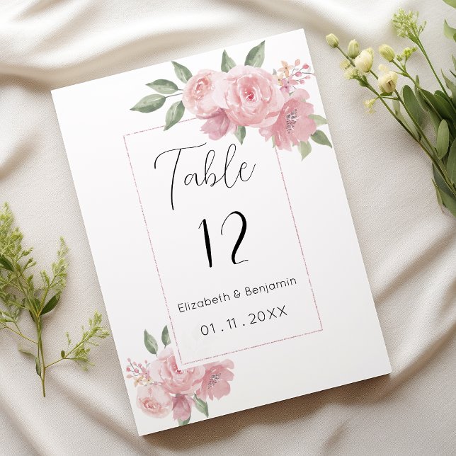 Convite Flores cor-de-água, cor-de-rosa, números de tabela (Watercolor botanicals pink flowers Table Numbers)