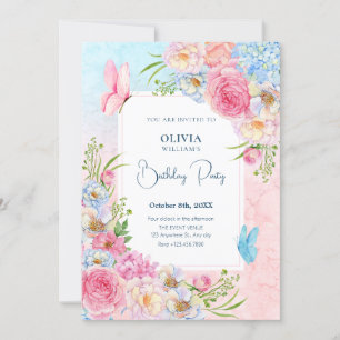 Convite Flores cor-de-água rosa-azul Aniversário