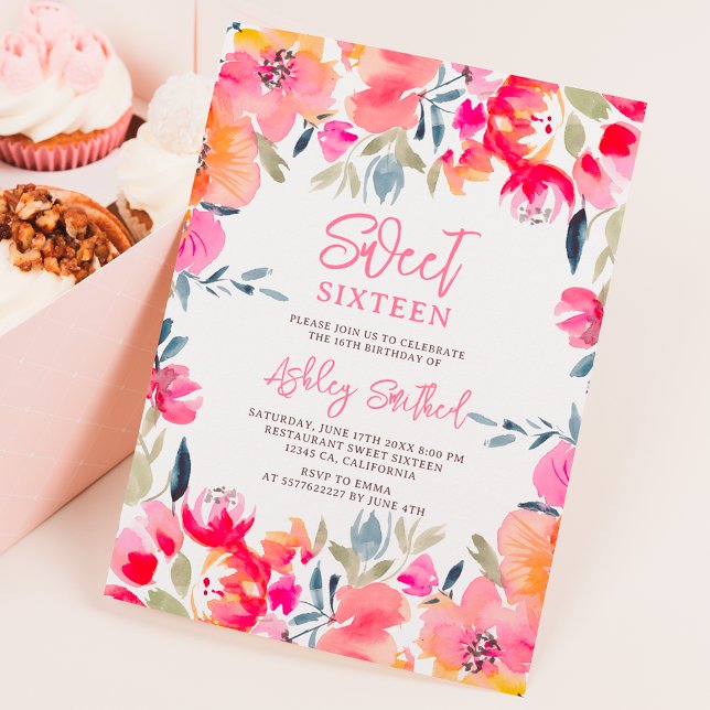 Convite Flores cor-de-água rosa boêmicas Doce 16 anos (Bohemian pink watercolor flowers Sweet 16 birthday Invitation)