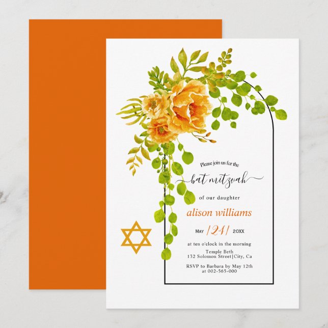 Convite Flores cor de laranja e floral arca Bat Mitzvah (Frente/Verso)